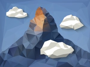 Low polygonal shape mountain background with clouds.