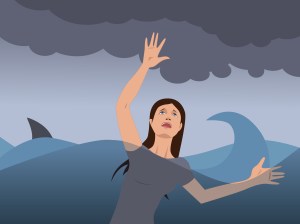 Portrait of a young woman drowning, shark fin on the background